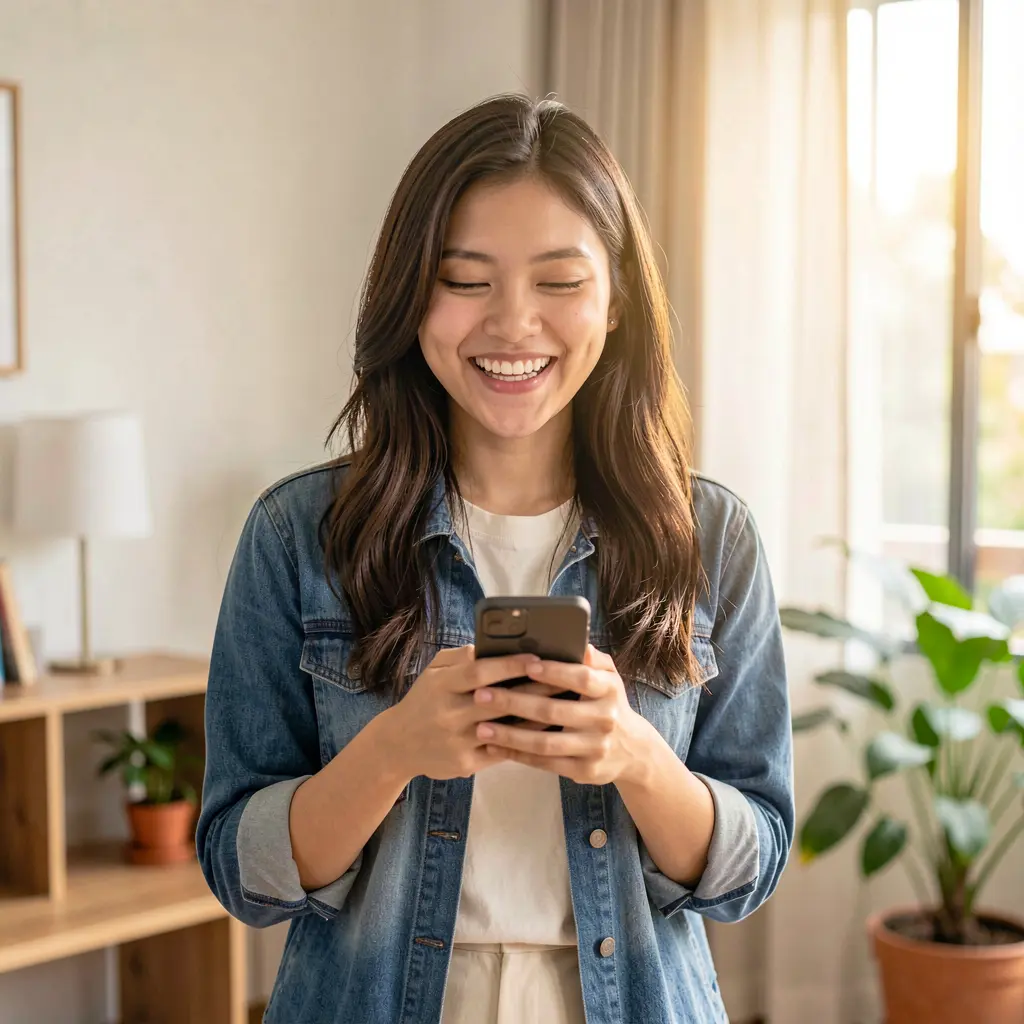 Happy Malaysian woman holding her phone with the JOMMAX app open enjoying smooth mobile casino gameplay
