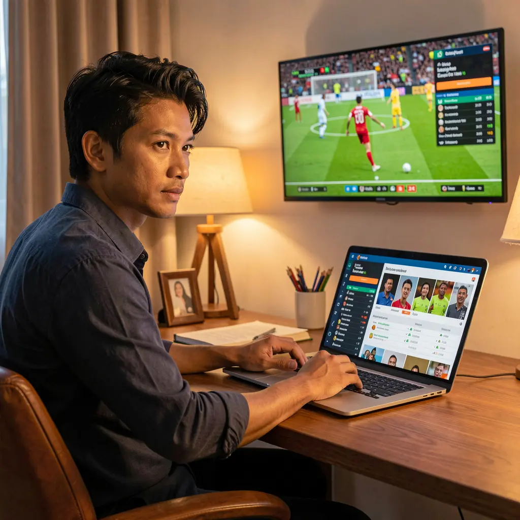 Focused Malaysian bettor analyzing live football odds on the JOMMAX betting platform while watching a match on TV in a warm home setting