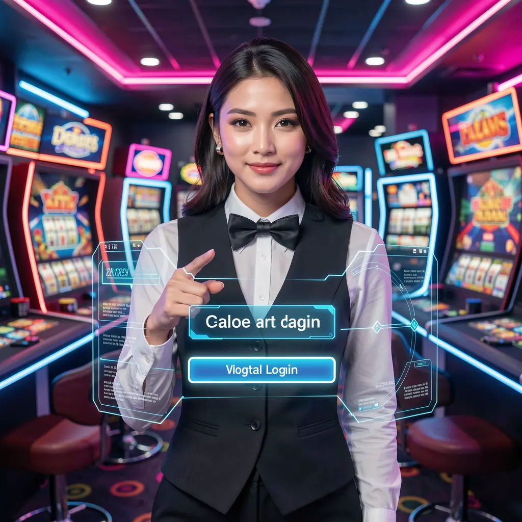 Professional casino dealer from Malaysia pointing at a glowing virtual login button in a futuristic JOMMAX interface