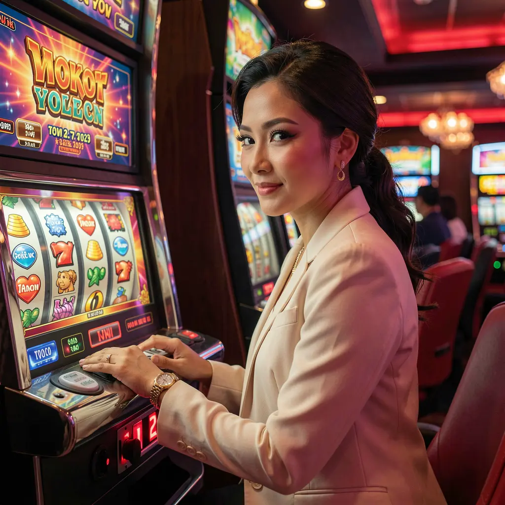 A stylish woman in traditional Malaysian attire enjoying modern slot machines at JOMMAX casino with bright screens and immersive gaming atmosphere